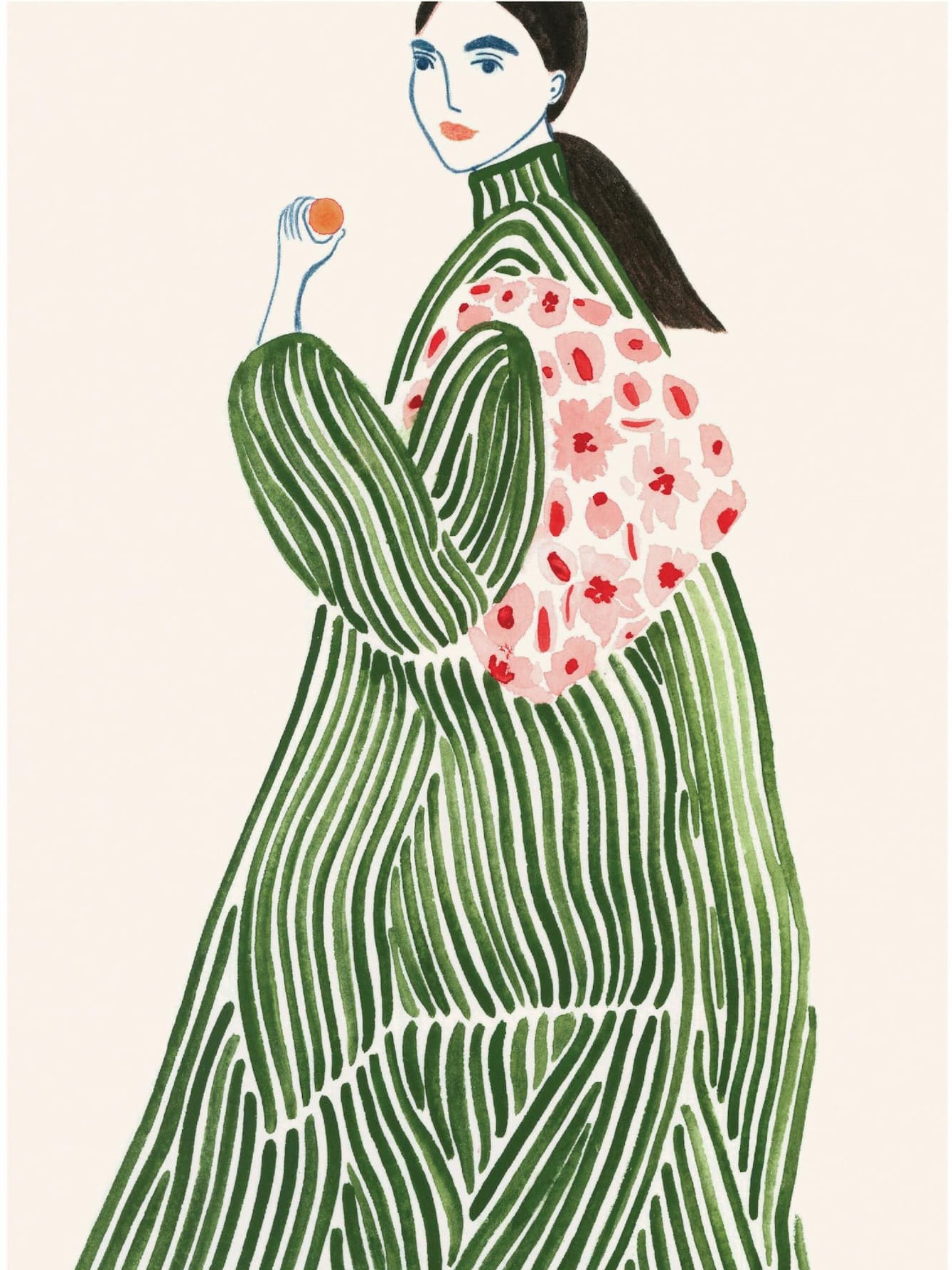 Illustration of a woman wearing a green striped dress and a white purse with pink flowers on it, all on a light beige background. 