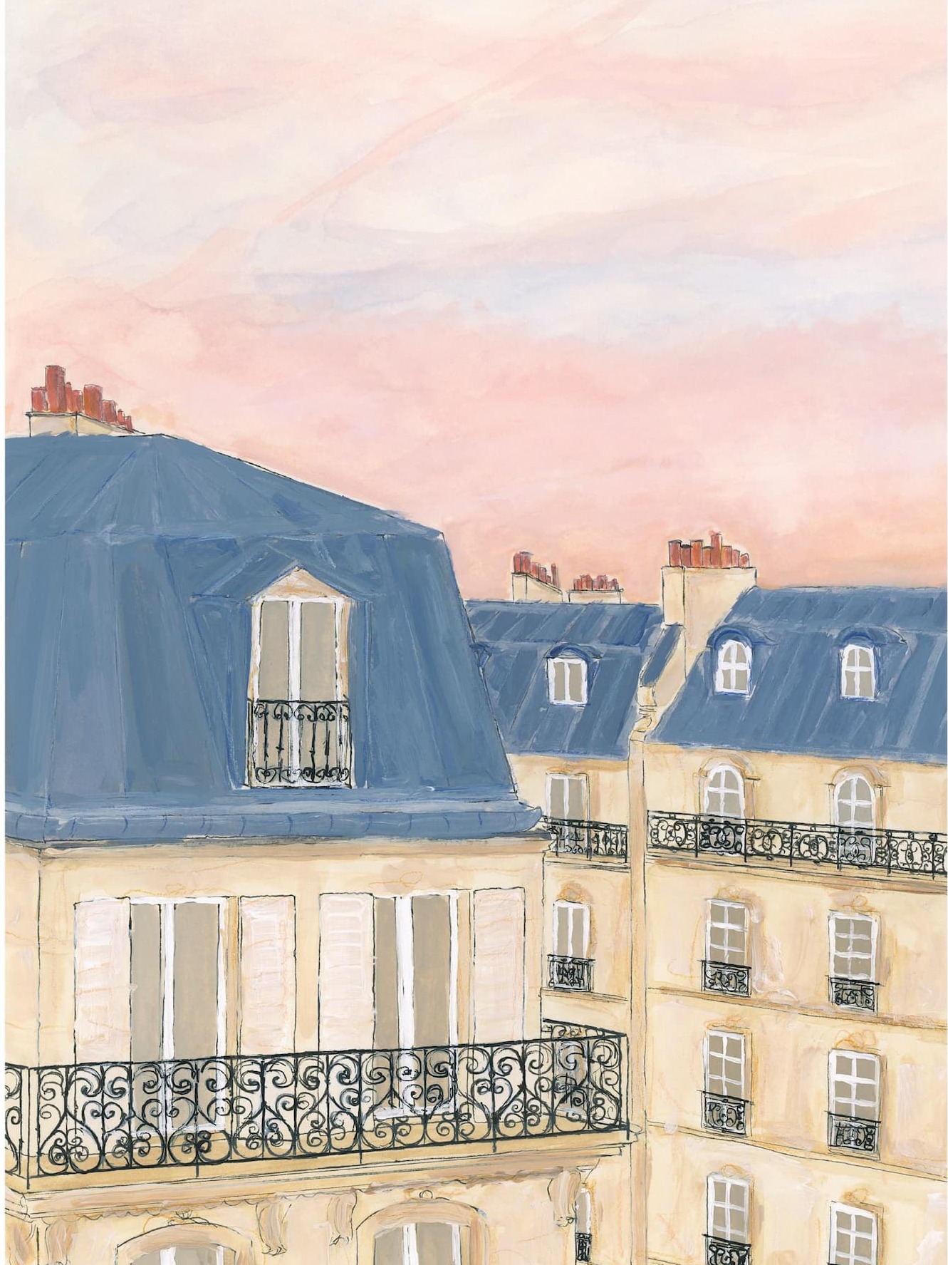 llustration of a city with a view over rooftops with a romantic pink sky.