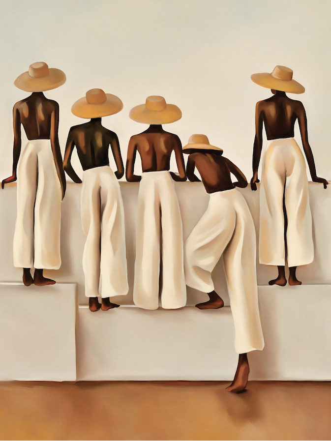 A minimalist print showing five figures in white trousers and hats, standing against a blue and beige backdrop.
