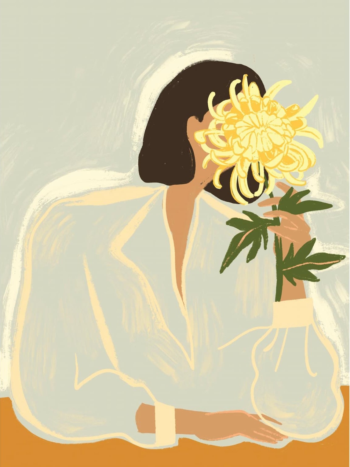 Modern art print of woman in a blouse and dark hair hiding behind a flower in yellow.