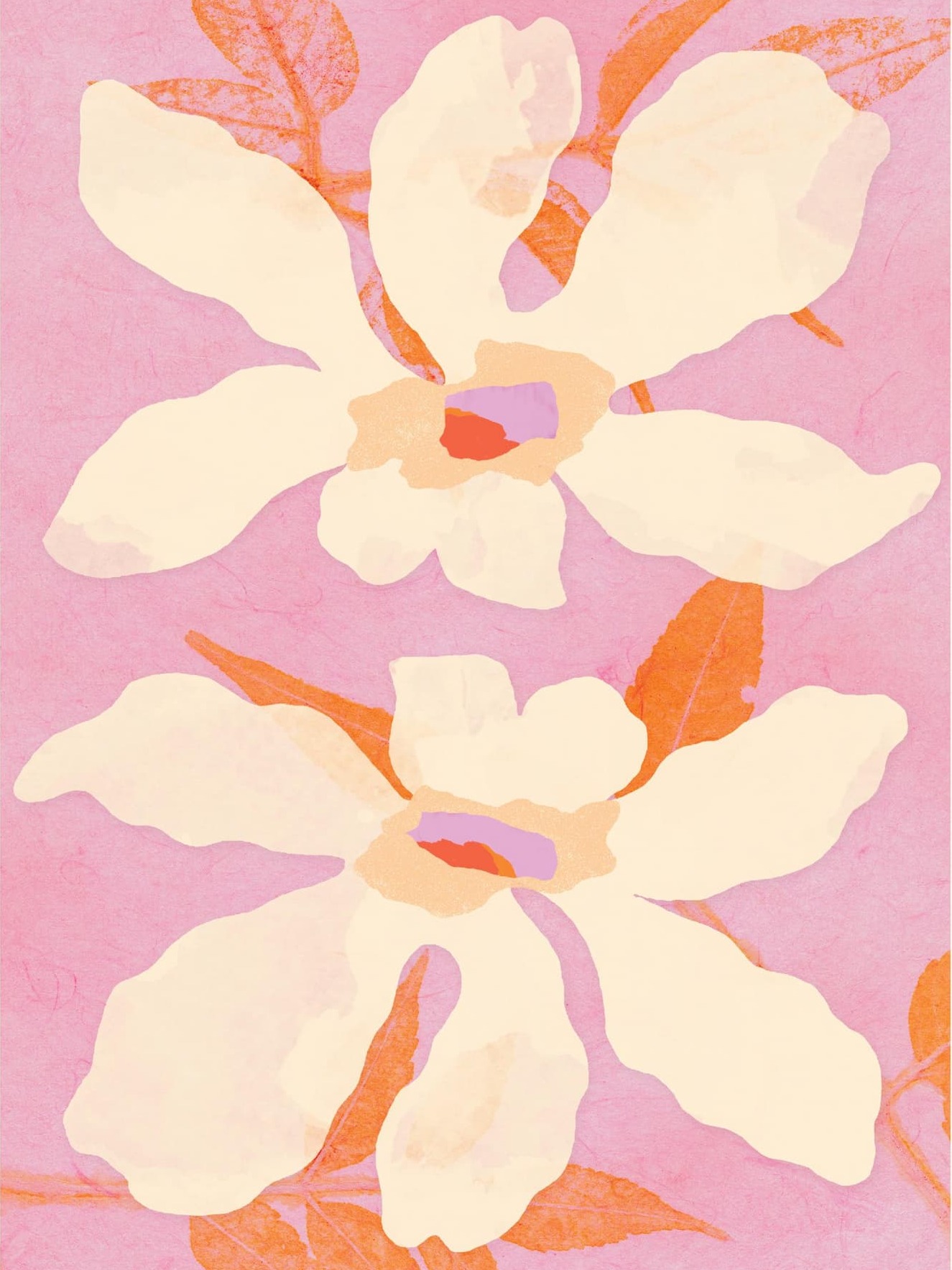 Illustration of two light beige flowers with orange leaves floating against a pink background and a text below.