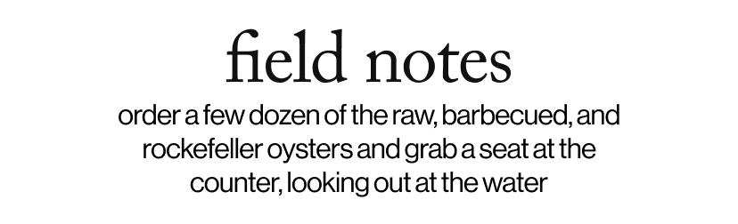 field notes - order a few dozen of the raw, barbecued, and rockefeller oysters and grab a seat at the counter, looking out at the water