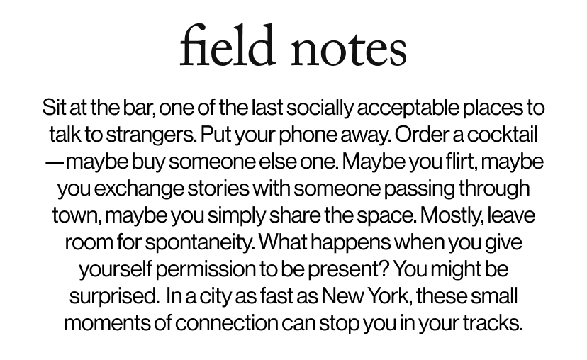 field notes -  Sit at the bar, one of the last socially acceptable places to talk to strangers. Put your phone away. Order a cocktail—maybe buy someone else one. Maybe you flirt, maybe you exchange stories with someone passing through town, maybe you simply share the space. Mostly, leave room for spontaneity. What happens when you give yourself permission to be present? You might be surprised.&nbsp; In a city as fast as New York, these small moments of connection can stop you in your tracks.