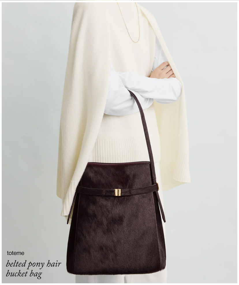 belted pony hair bucket bag