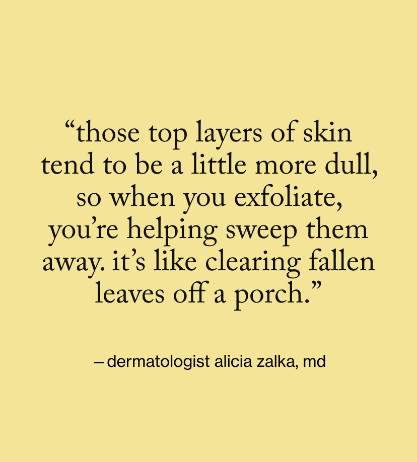 “Those top layers of skin tend to be a little more dull, so when you exfoliate, you’re helping sweep them away. It’s like clearing fallen leaves off a porch.”