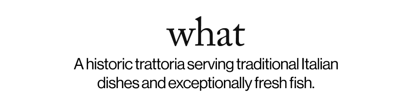 what - &nbsp;A historic trattoria serving traditional Italian dishes and exceptionally fresh fish.