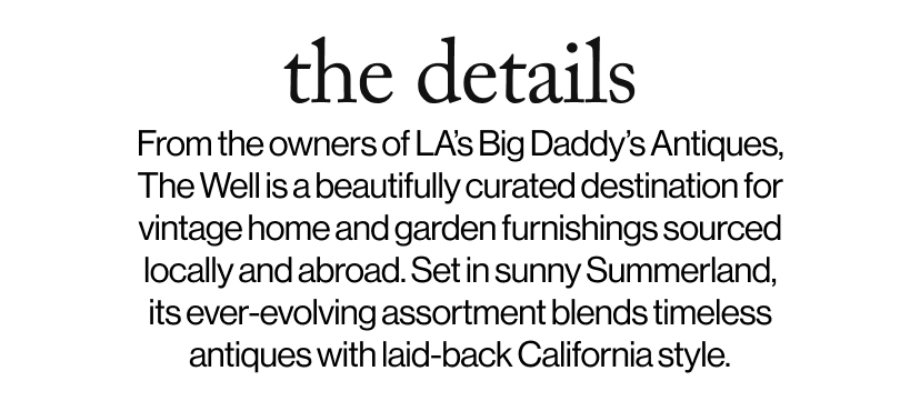 the details -  &nbsp;From the owners of LA’s Big Daddy’s Antiques, The Well is a beautifully curated destination for vintage home and garden furnishings sourced locally and abroad. Set in sunny Summerland, its ever-evolving assortment blends timeless antiques with laid-back California style.  