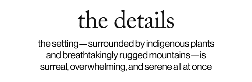 the details -the setting—surrounded by indigenous plants and breathtakingly rugged mountains—is surreal, overwhelming, and serene all at once