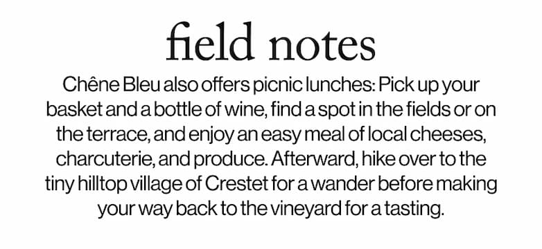 field notes - &nbsp;Chene Bleu also offers picnic lunches: Pick up your basket and a bottle wine, find a spot in the fields or on the terrace, and enjoy an easy meal of local cheese, charcuterie, and produce...