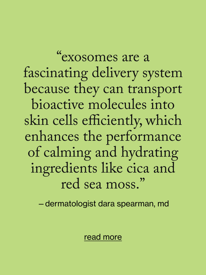 “exosomes are a fascinating delivery system because they can transport bioactive molecules into skin cells efficiently, which enhances the performance of calming and hydrating ingredients like cica and red sea moss.”