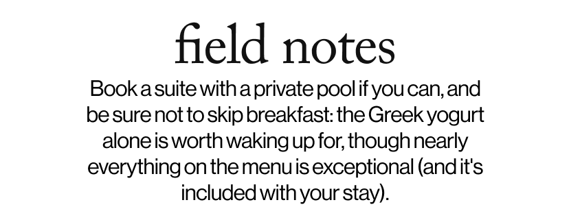 field notes - &nbsp;&nbsp;Book a suite with a private pool if you can, and be sure not to skip breakfast: the Greek yogurt alone is worth waking up for, though nearly everything on the menu is exceptional (and it's included with your stay).