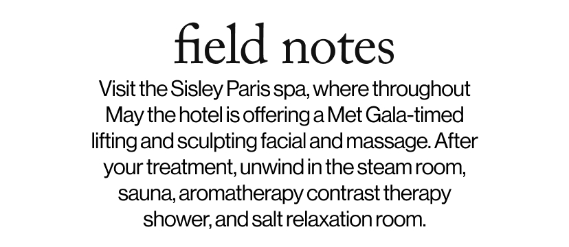 field notes -  Visit the Sisley Paris spa, where throughout May the hotel is offering a Met Gala-timed lifting and sculpting facial and massage. After your treatment, unwind in the steam room, sauna, aromatherapy contrast therapy shower, and salt relaxation room.  
