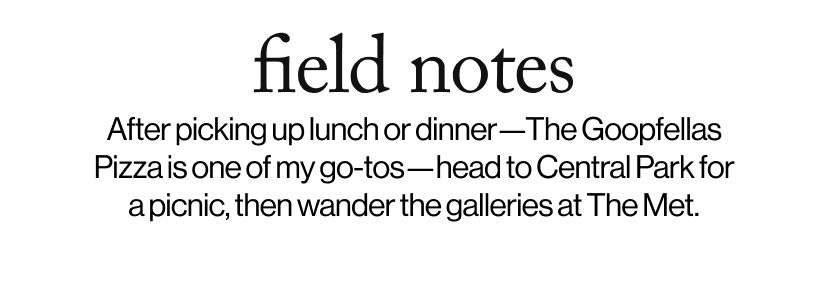 field notes - &nbsp;After picking up lunch or dinner—The Goopfellas Pizza is one of my go-tos—head to Central Park for a picnic, then wander the galleries at The Met.