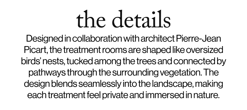 the details - Designed in collaboration with architect Pierre-Jean Picart, the treatment rooms are shaped like oversized birds’ nests, tucked among the trees and connected by pathways through the surrounding vegetation. The design blends seamlessly into the landscape, making each treatment feel private and immersed in nature.