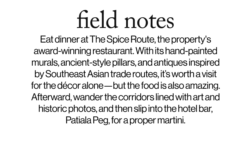field notes -  Eat dinner at The Spice Route, the property's award-winning restaurant. With its hand-painted murals, ancient-style pillars, and antiques inspired by Southeast Asian trade routes, it’s worth a visit for the décor alone—but the food is also amazing. Afterward, wander the corridors lined with art and historic photos, and then slip into the hotel bar, Patiala Peg, for a proper martini. 