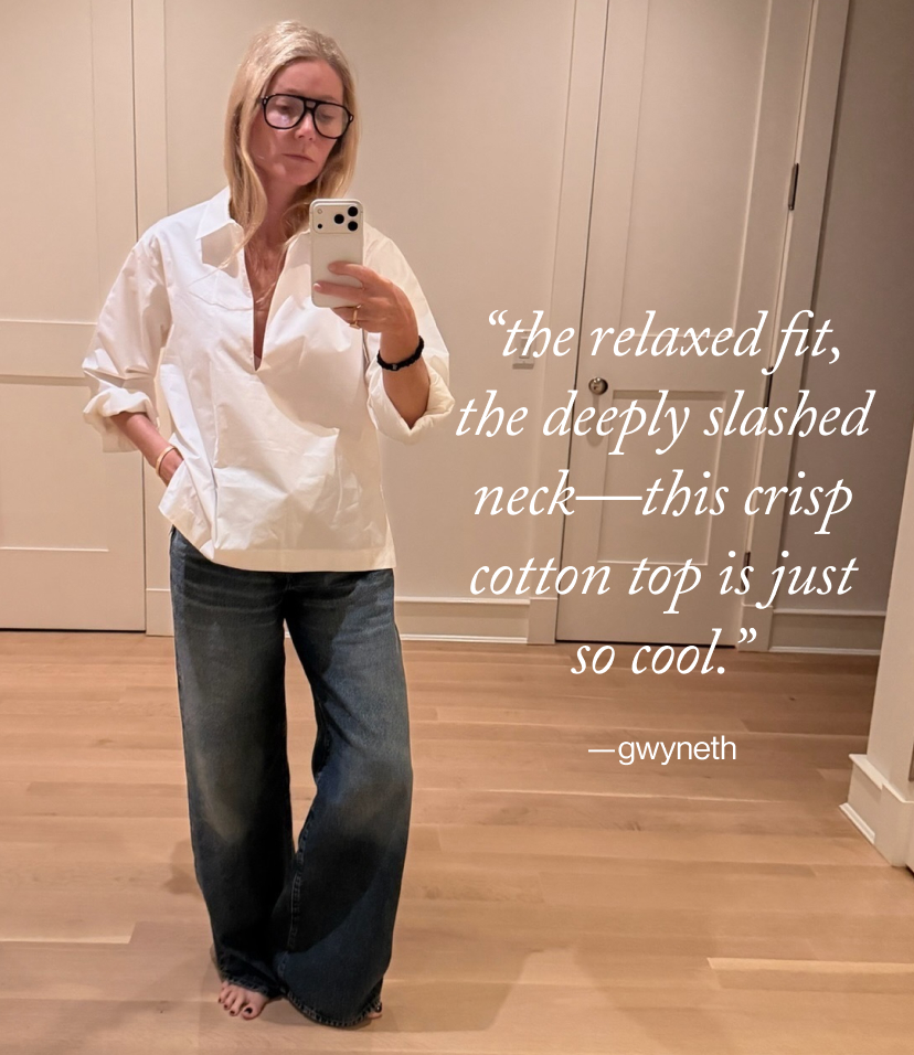 “the relaxed fit, the deeply slashed neck—this crisp cotton top is just so cool.”
