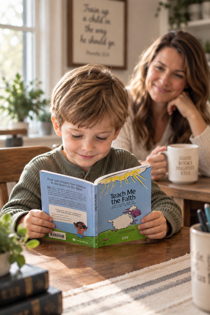 A parent and child reading Teach Me the Faith together at home