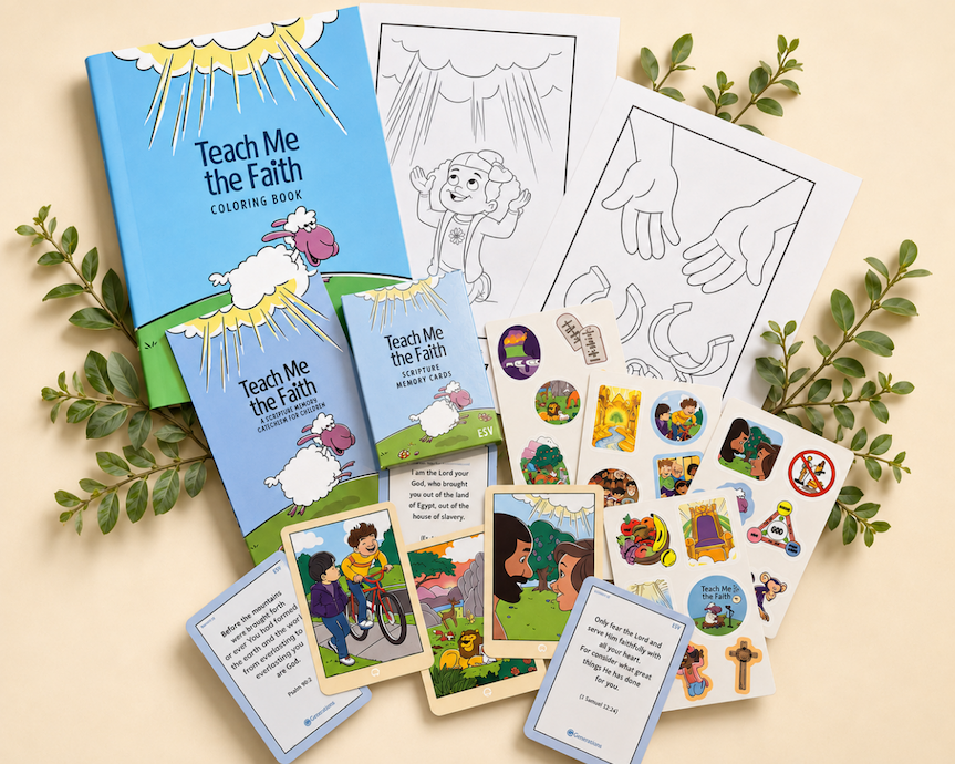 The Teach Me the Faith collection — book, coloring book, memory cards and sticker pack
