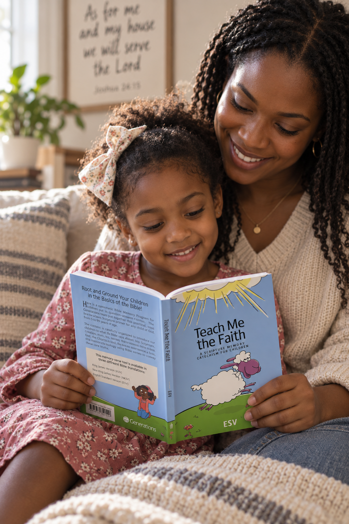 A parent and child reading Teach Me the Faith together