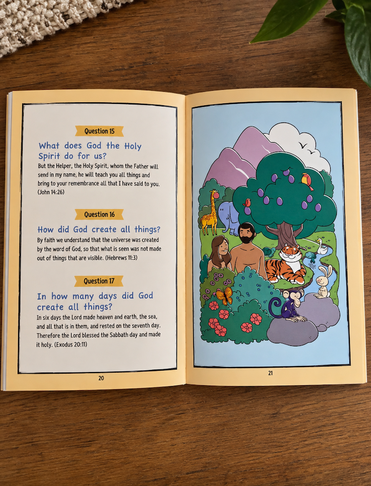 Inside Teach Me the Faith — a question, its biblical answer, and the Scripture to memorize