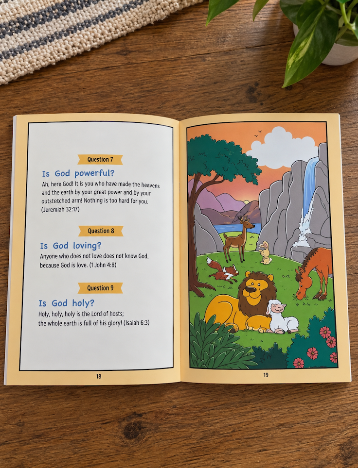 A two-page spread from Teach Me the Faith showing questions, answers and Scriptures