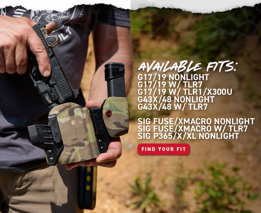 Available Fits: G17/19 Non-light and with TLR7/TLR1/X300, G43/48 non-light and with TLR7, Sig Fuse/XMacro non-light and with TLR7, Sig P365/X/XL non-light - Find Your Fit