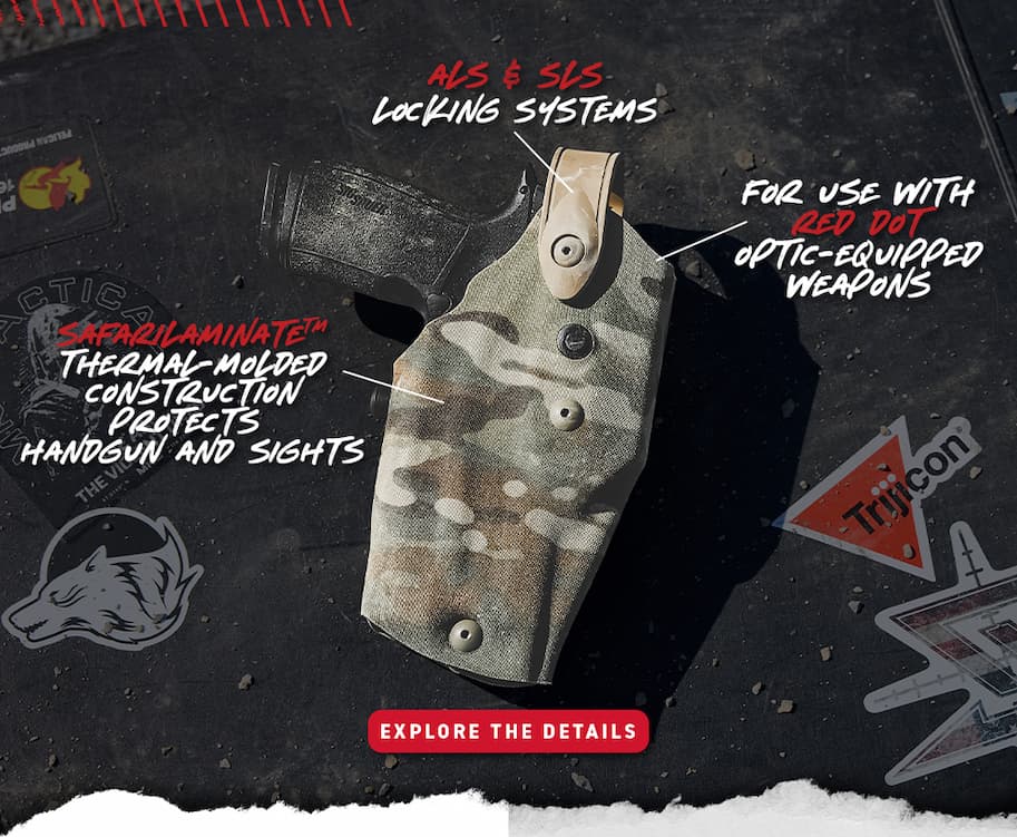 ALS & SLS Locking System. Safarilaminate thermal-molded construction protects handgun and sights. For use with red dot optic-equipped weapons - Explore the details