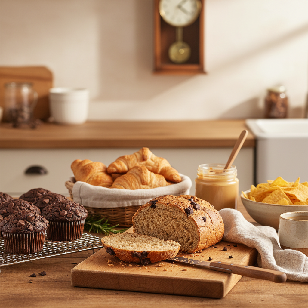 A warm WiO kitchen still life on a wooden board with morning light