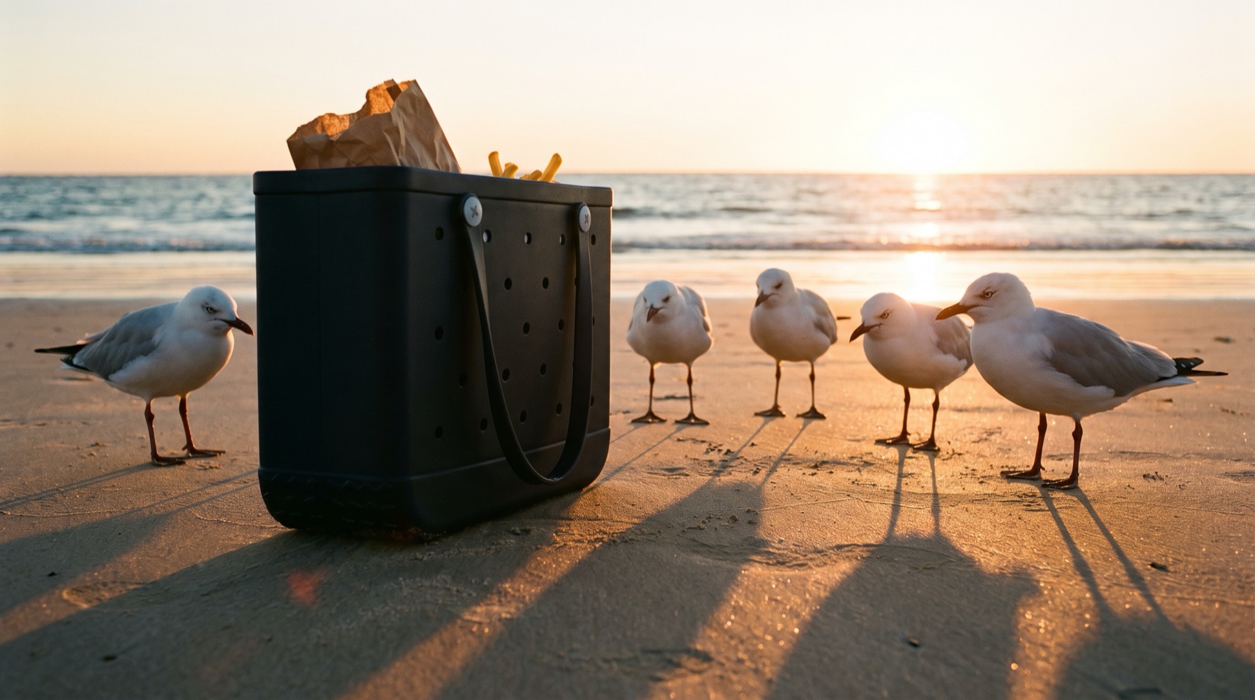 The Dad Bag on the sand at golden hour, cased by a crew of seagulls - AI render
