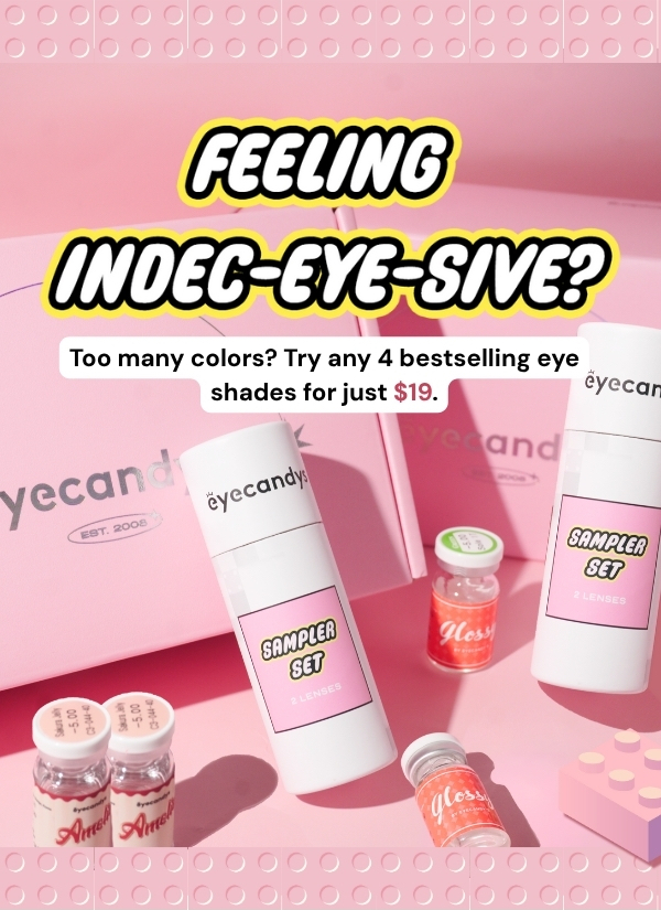  Image of four contact lens vials promoting a customizable sampler set for building an eye identity kit.