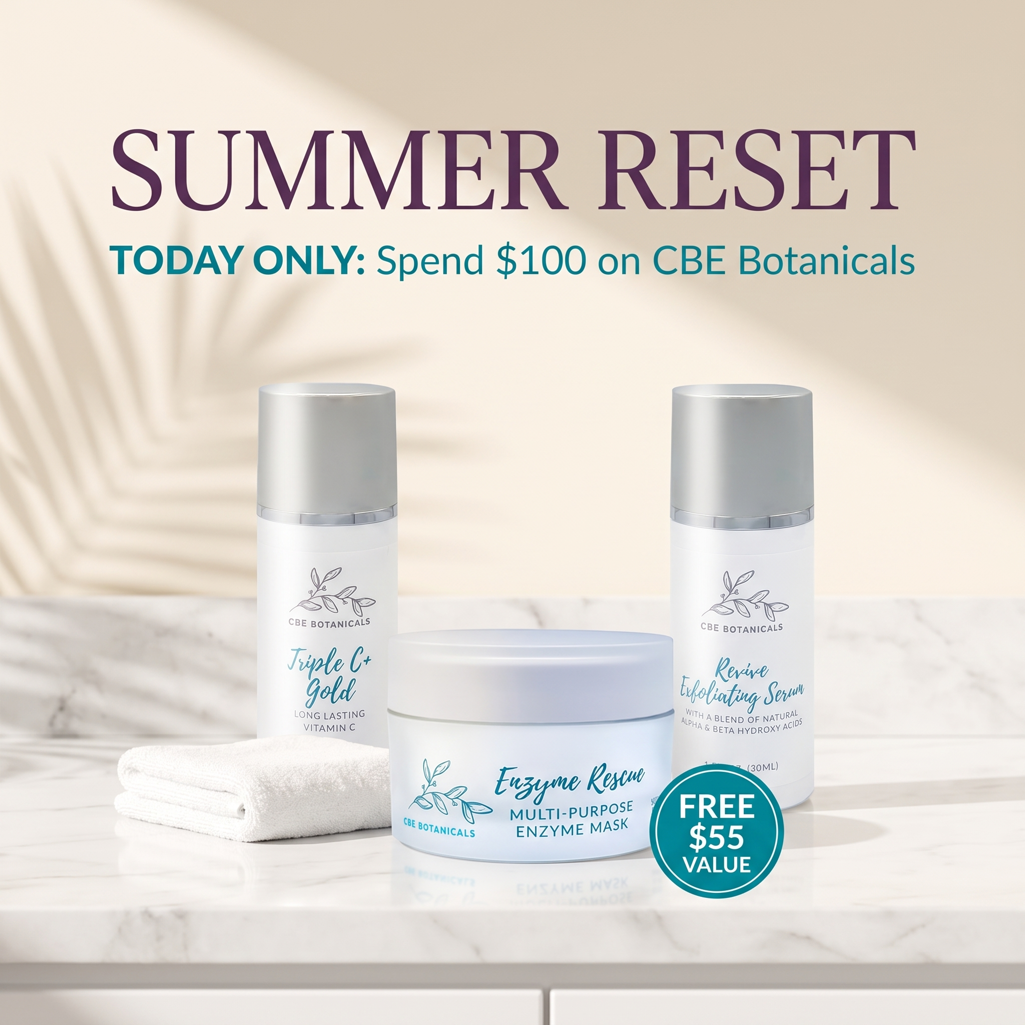 Christine's Summer Reset: Triple C + Gold Serum, Revive Exfoliating Serum, and the free Enzyme Rescue Mask