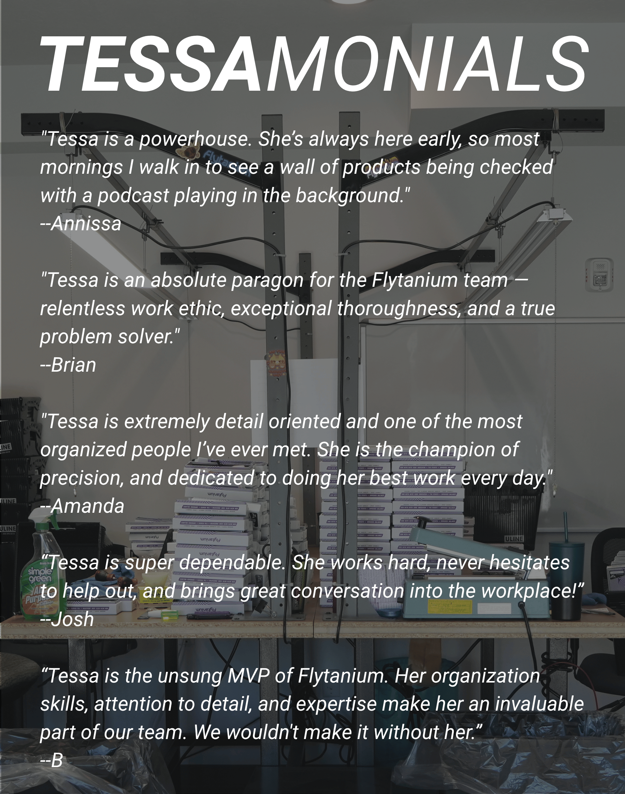 Tessamonials - testimonials about Tessa in quality control department at Flytanium.