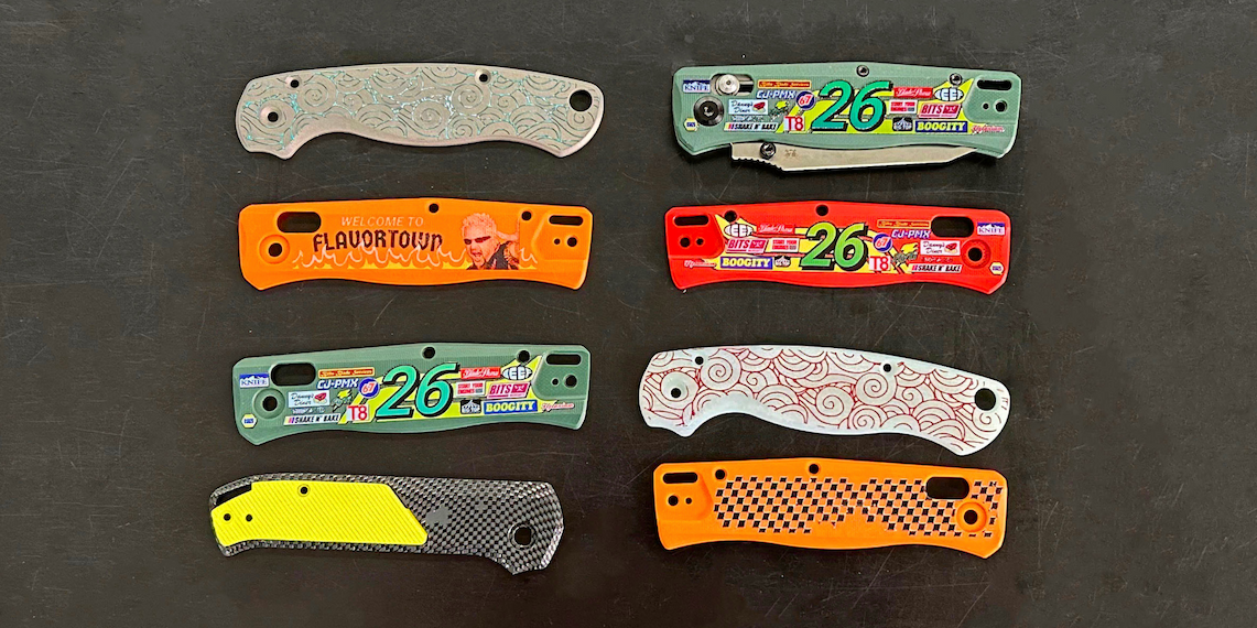 Flytanium knife scales with UV printed designs. Flytanium knife scales with UV printed designs.