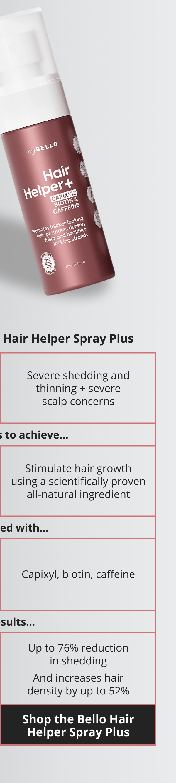 Hair Helper Spray Plus Severe shedding and thinning + severe scalp concerns Stimulate hair growth using a scientifically proven all-natural ingredient Capixyl, biotin, caffeine Up to 76% reduction in shedding And increases hair density by up to 52%