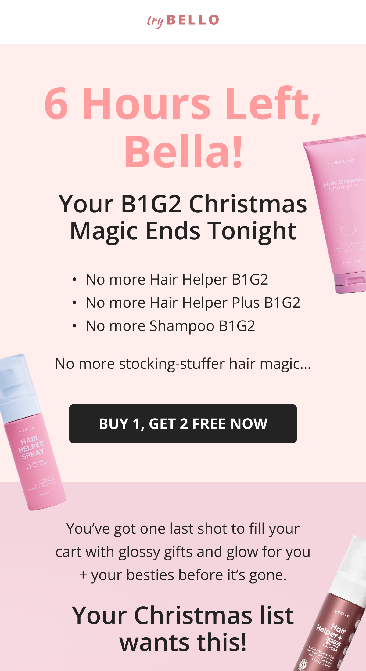 Hair Helper Spray Biotin and caffeine power for stronger, fuller hair. No brainer! Anti-Stress Gummies Because a calm mind = happy hair. Daily Hair Booster Capsules Inside-out support for that healthy glow. Eyebrow & Eyelash Serums Fuller brows and lashes? Yes, please! Hair Growth Shampoo and Conditioner Deeply cleanse your scalp while stimulating growth!
