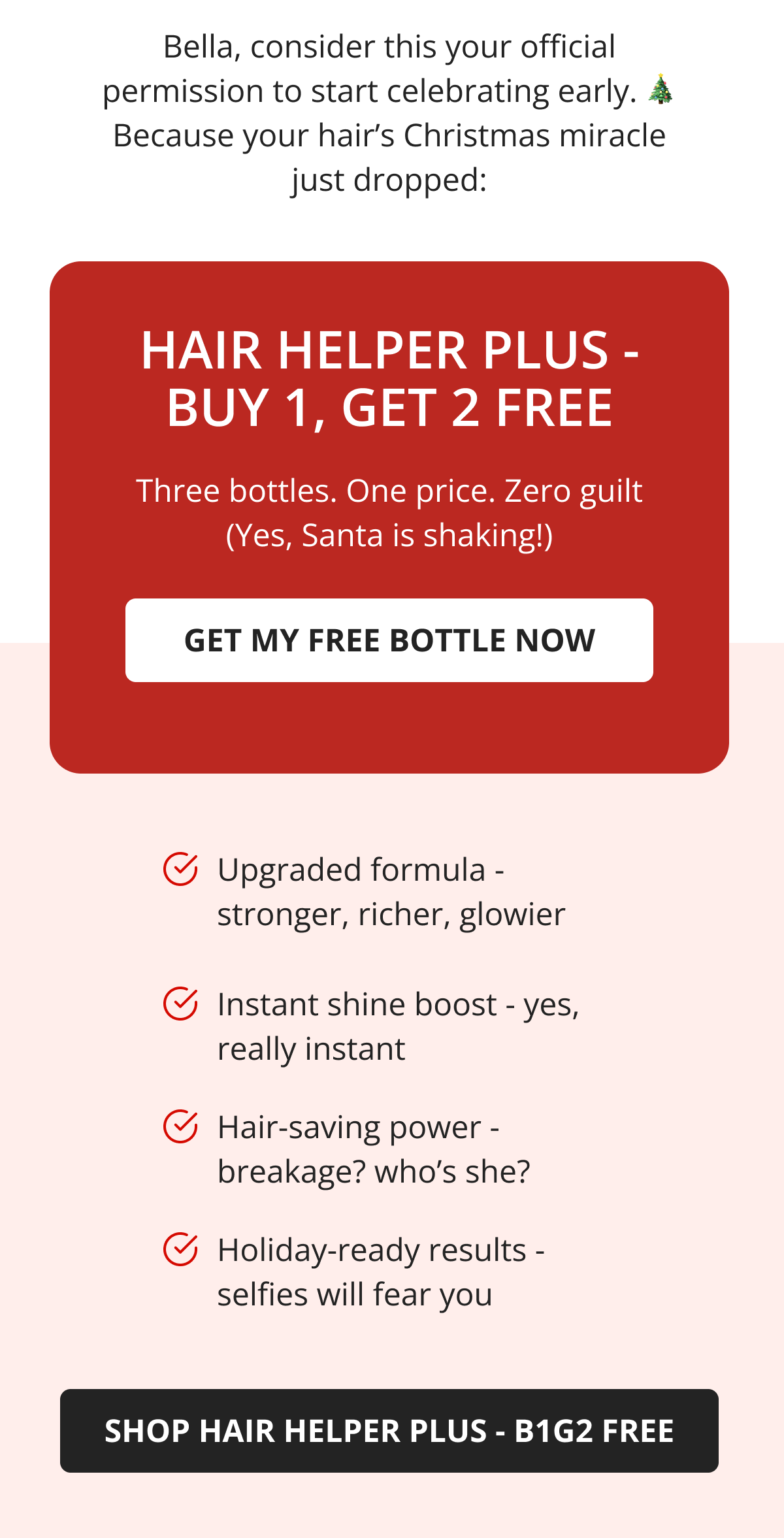 Hair Helper Spray Biotin and caffeine power for stronger, fuller hair. No brainer! Anti-Stress Gummies Because a calm mind = happy hair. Daily Hair Booster Capsules Inside-out support for that healthy glow. Eyebrow & Eyelash Serums Fuller brows and lashes? Yes, please! Hair Growth Shampoo and Conditioner Deeply cleanse your scalp while stimulating growth!