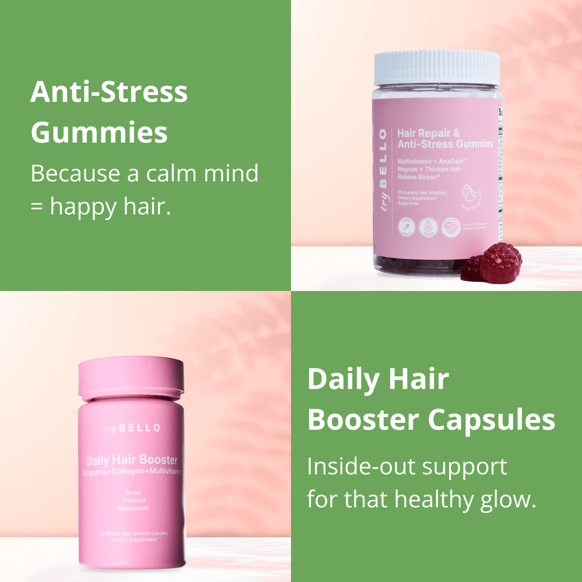 Hair Helper Spray Biotin and caffeine power for stronger, fuller hair. No brainer! Anti-Stress Gummies Because a calm mind = happy hair. Daily Hair Booster Capsules Inside-out support for that healthy glow. Eyebrow & Eyelash Serums Fuller brows and lashes? Yes, please! Hair Growth Shampoo and Conditioner Deeply cleanse your scalp while stimulating growth!