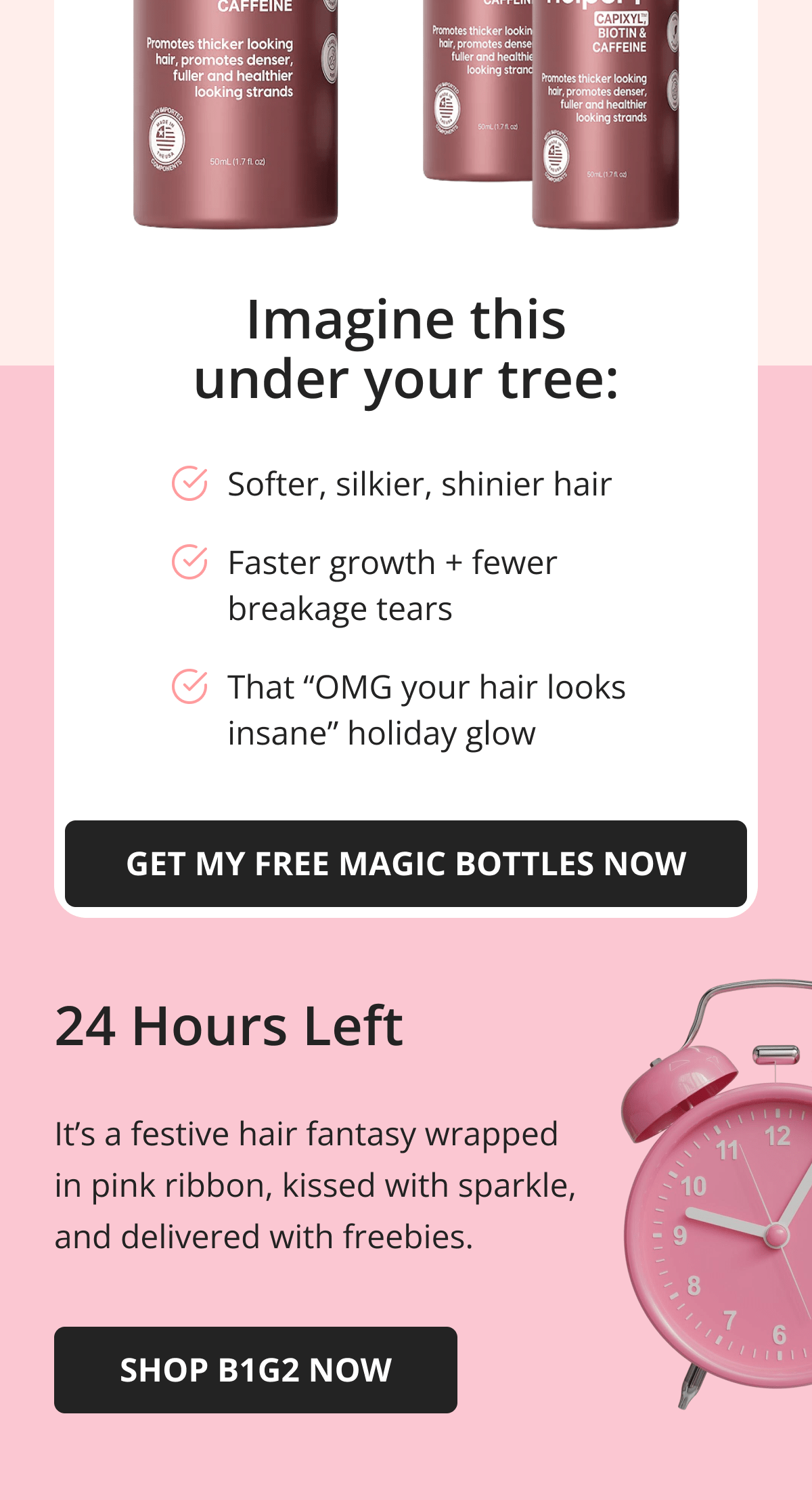 Hair Helper Spray Biotin and caffeine power for stronger, fuller hair. No brainer! Anti-Stress Gummies Because a calm mind = happy hair. Daily Hair Booster Capsules Inside-out support for that healthy glow. Eyebrow & Eyelash Serums Fuller brows and lashes? Yes, please! Hair Growth Shampoo and Conditioner Deeply cleanse your scalp while stimulating growth!