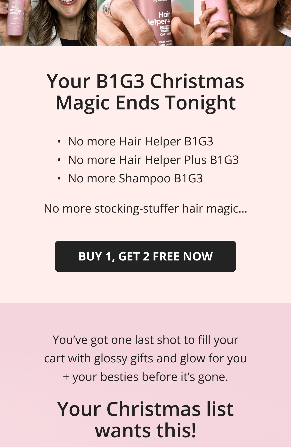 Hair Helper Spray Biotin and caffeine power for stronger, fuller hair. No brainer! Anti-Stress Gummies Because a calm mind = happy hair. Daily Hair Booster Capsules Inside-out support for that healthy glow. Eyebrow & Eyelash Serums Fuller brows and lashes? Yes, please! Hair Growth Shampoo and Conditioner Deeply cleanse your scalp while stimulating growth!