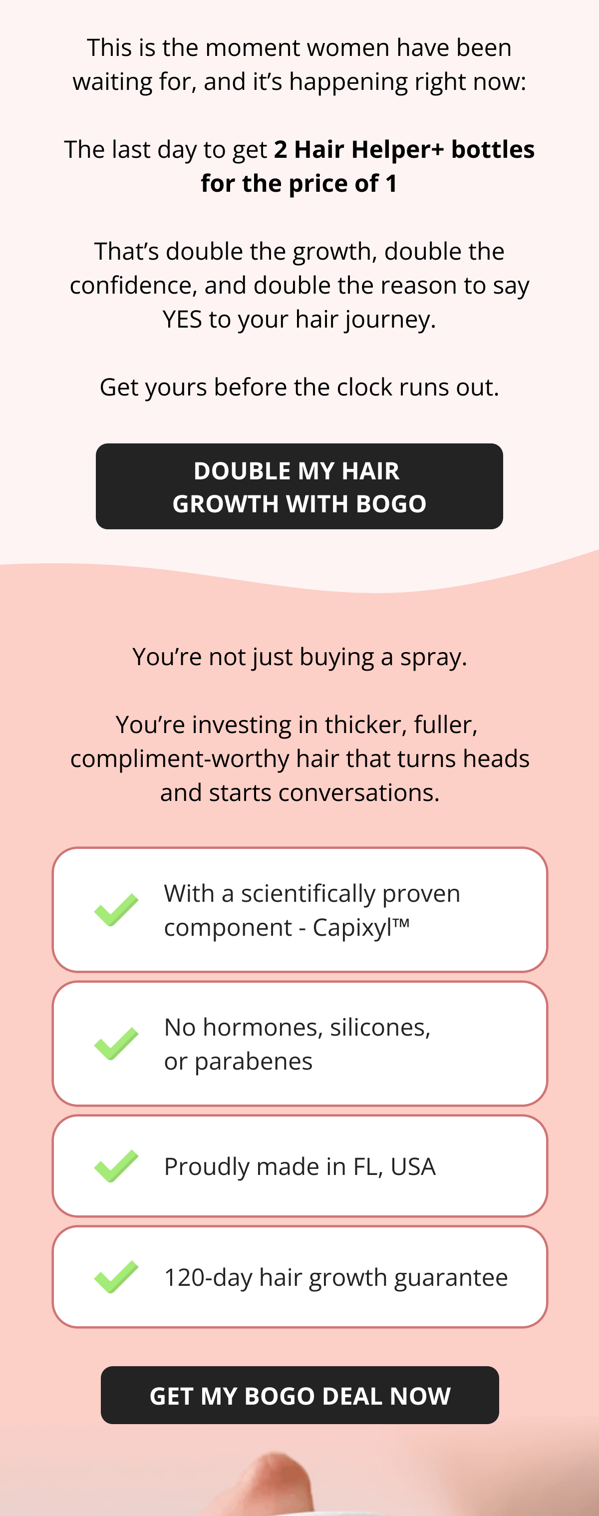 Hair Helper Spray Biotin and caffeine power for stronger, fuller hair. No brainer! Anti-Stress Gummies Because a calm mind = happy hair. Daily Hair Booster Capsules Inside-out support for that healthy glow. Eyebrow & Eyelash Serums Fuller brows and lashes? Yes, please! Hair Growth Shampoo and Conditioner Deeply cleanse your scalp while stimulating growth!
