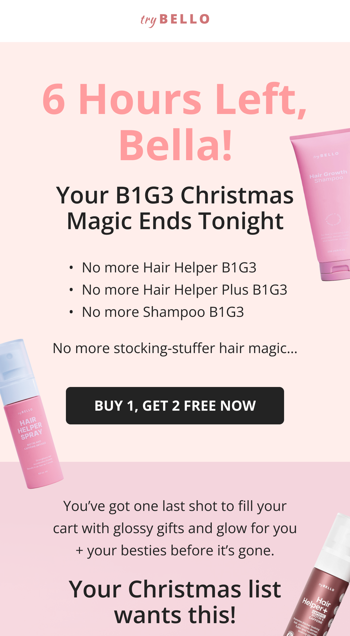 Hair Helper Spray Biotin and caffeine power for stronger, fuller hair. No brainer! Anti-Stress Gummies Because a calm mind = happy hair. Daily Hair Booster Capsules Inside-out support for that healthy glow. Eyebrow & Eyelash Serums Fuller brows and lashes? Yes, please! Hair Growth Shampoo and Conditioner Deeply cleanse your scalp while stimulating growth!
