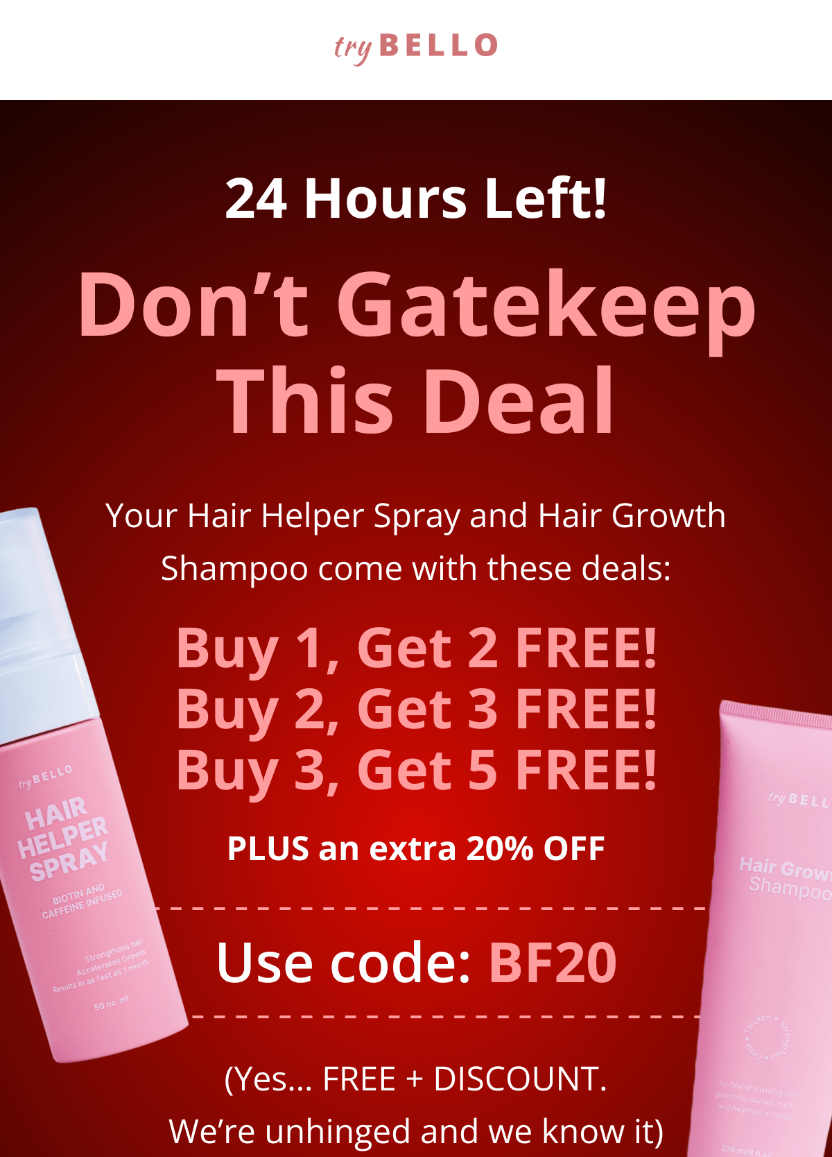 Hair Helper Spray Biotin and caffeine power for stronger, fuller hair. No brainer! Anti-Stress Gummies Because a calm mind = happy hair. Daily Hair Booster Capsules Inside-out support for that healthy glow. Eyebrow & Eyelash Serums Fuller brows and lashes? Yes, please! Hair Growth Shampoo and Conditioner Deeply cleanse your scalp while stimulating growth!