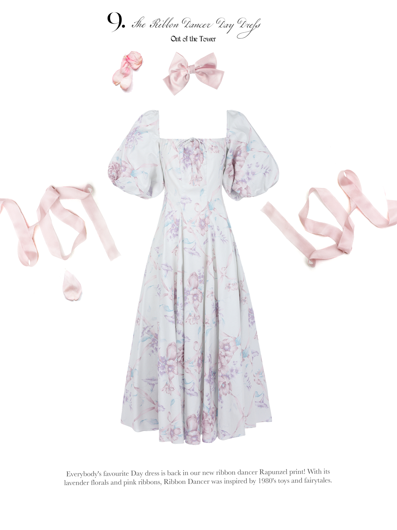 Everybody's favourite Day dress is back in our new ribbon dancer Rapunzel print! With its lavender florals and pink ribbons, Ribbon Dancer was inspired by 1980s toys and fairytales.