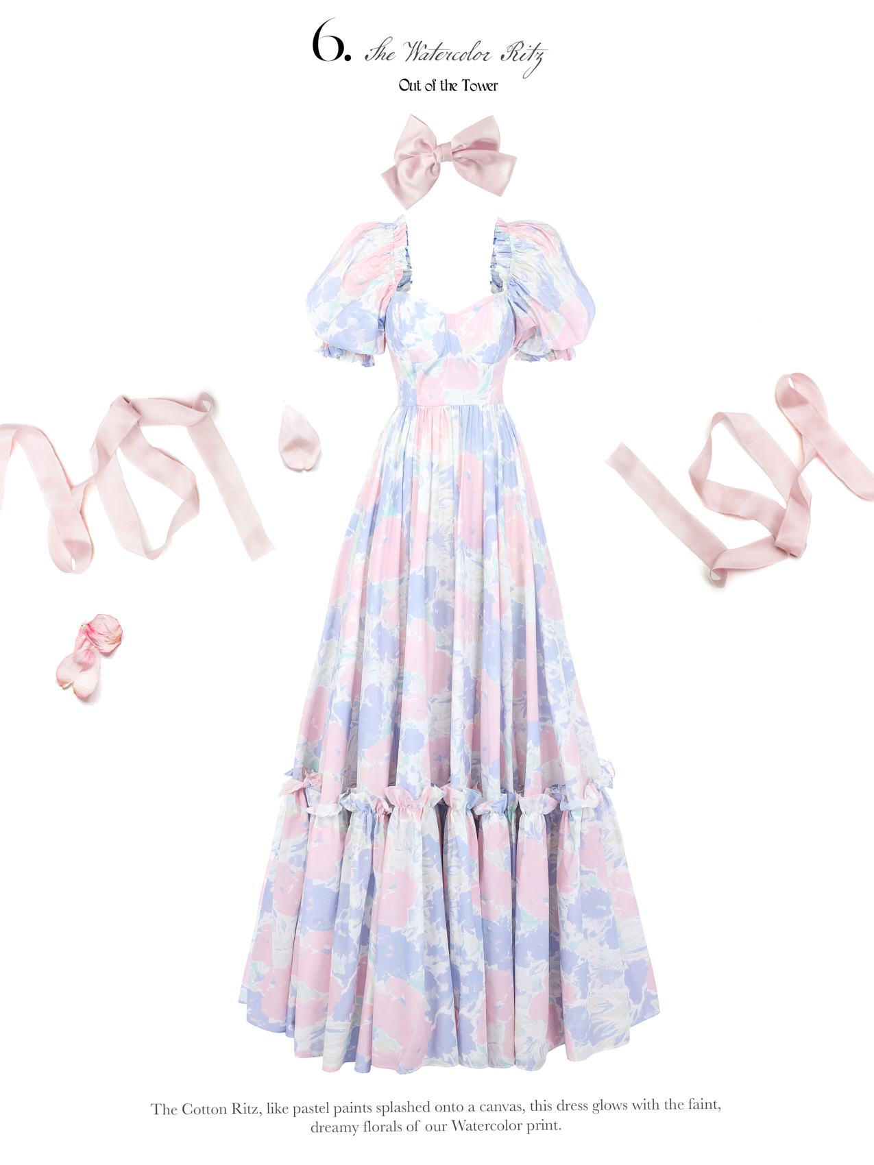 Like pastel paints splashed onto a canvas, this dress glows with the faint, dreamy florals of our Watercolor print.