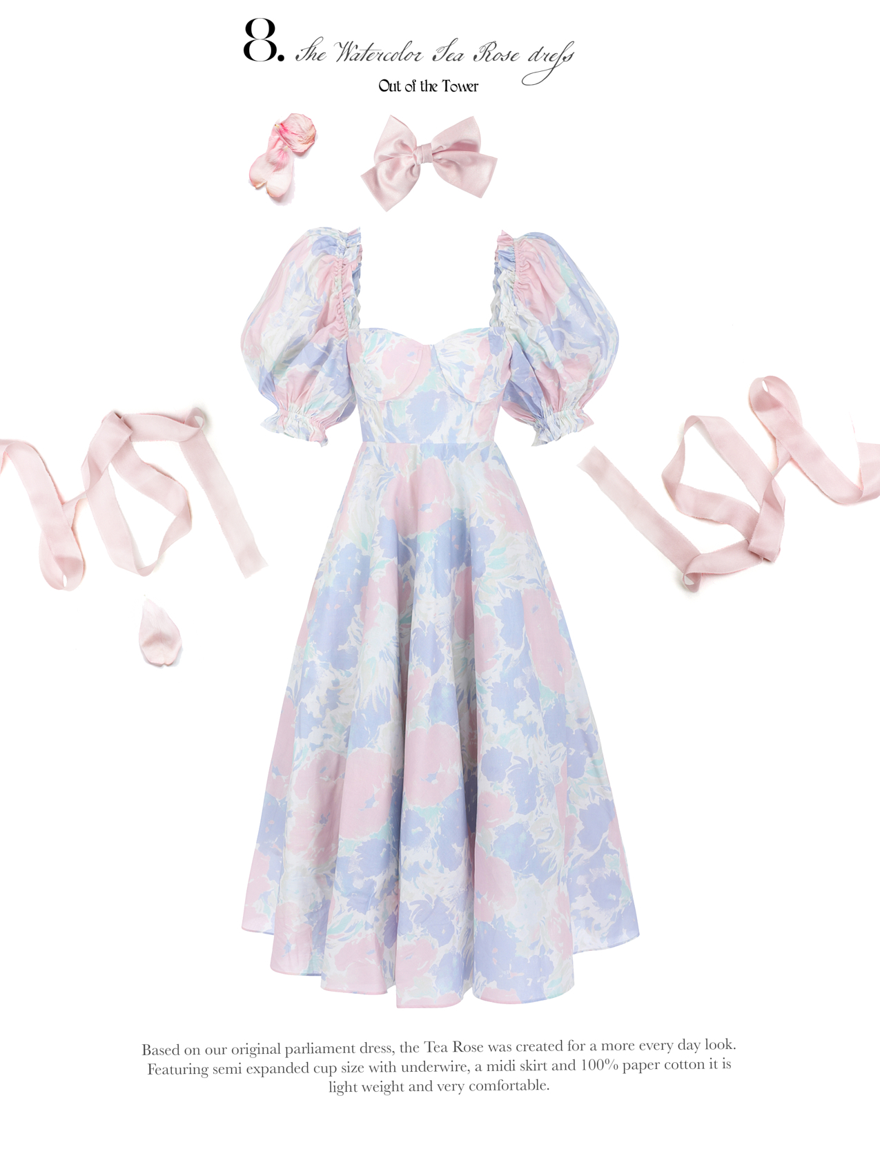 Based on our original parliament dress, the Tea Rose was created for a more every day look. Featuring semi expanded cup size with underwire, a midi skirt and 100% paper cotton it is light weight and very comfortable. 