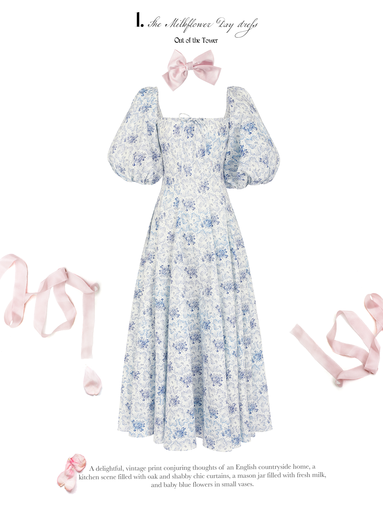 A delightful, vintage print conjuring thoughts of an English countryside home, a kitchen scene filled with oak and shabby chic curtains, a mason jar filled with fresh milk, and baby blue flowers in small vases.