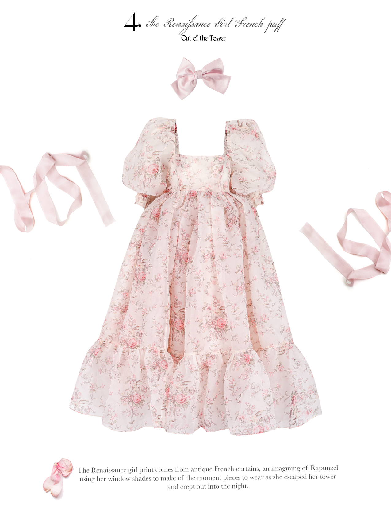 The Renaissance girl print comes from antique French curtains, an imagining of Rapunzel using her window shades to make of the moment pieces to wear as she escaped her tower and crept out into the night.