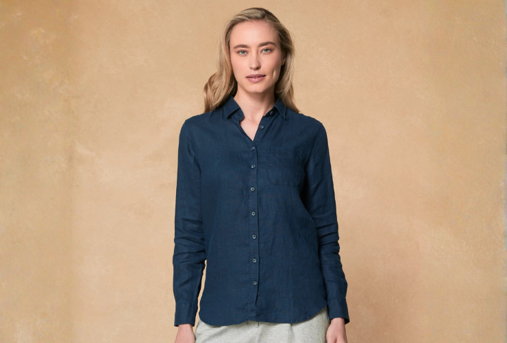 Model in Navy Stella Shirt
