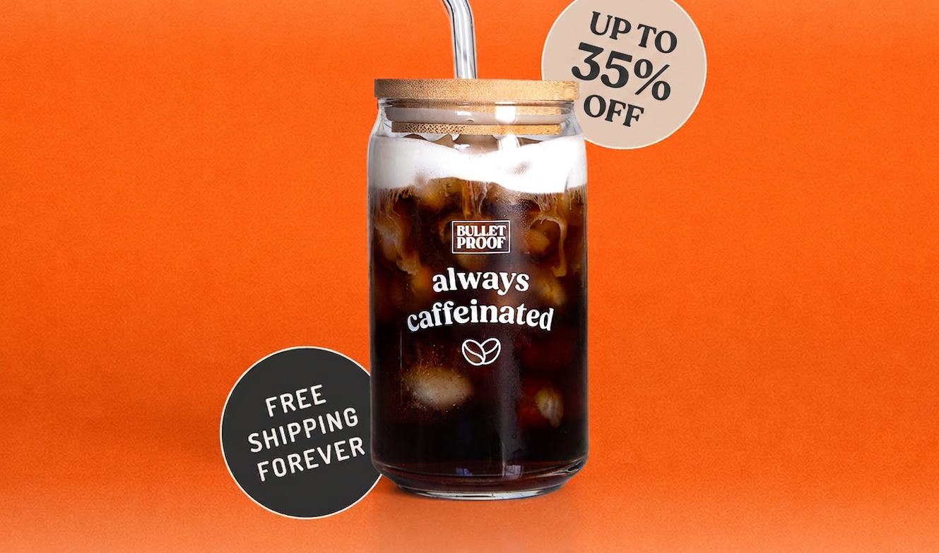 A glass of iced coffee with "always caffeinated" text and a "free shipping" offer.