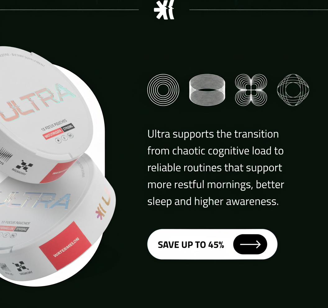 Product packaging for "ULTRA" focus pouches with text about supporting restful mornings and better sleep.